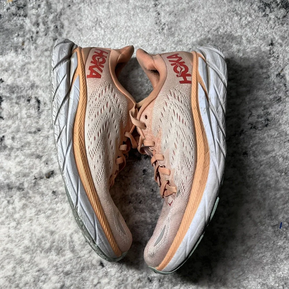 Hoka One One Clifton 8 Shoes Womens 7.5B Orange Athletic Running Gym Sneakers‎